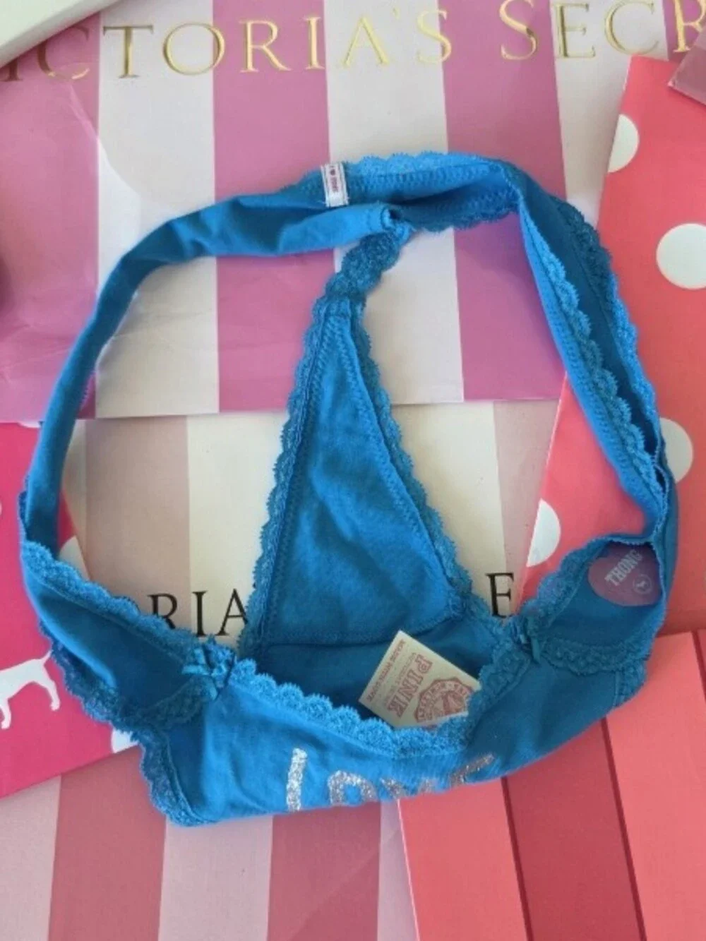 Victoria's Secret PINK VTG Blue LOVE PINK Glitter Thong Panty NWT HTF RARE Y2K